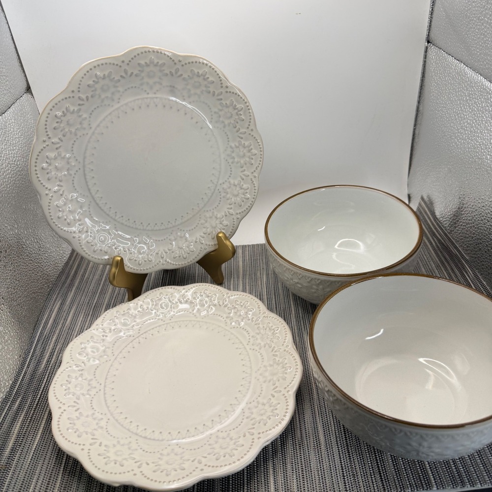 Elama White Lace Stoneware 4pc Set 2 Salad Plates 2 Bowls Embossed Scalloped